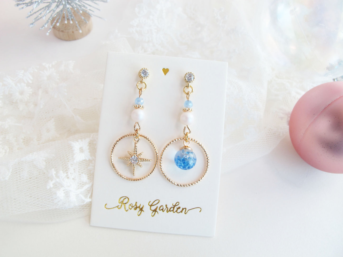 南十字星流沙水晶球耳環 可換耳夾