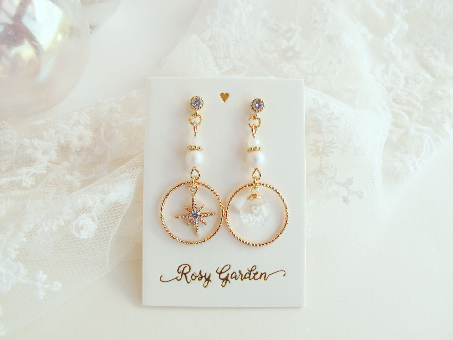 南十字星流沙水晶球耳環 可換耳夾