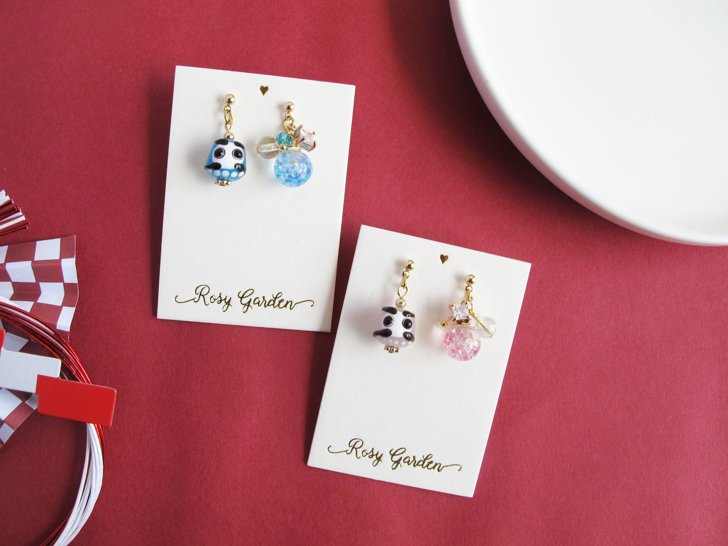 開運陶瓷小達摩水晶球耳環 可換耳夾