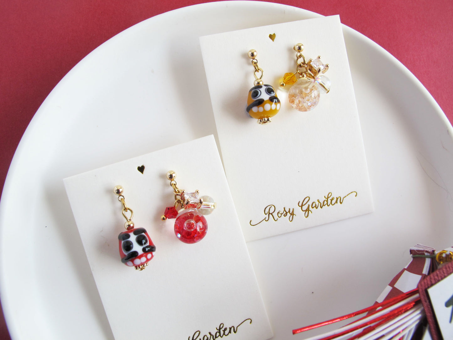 開運陶瓷小達摩水晶球耳環 可換耳夾