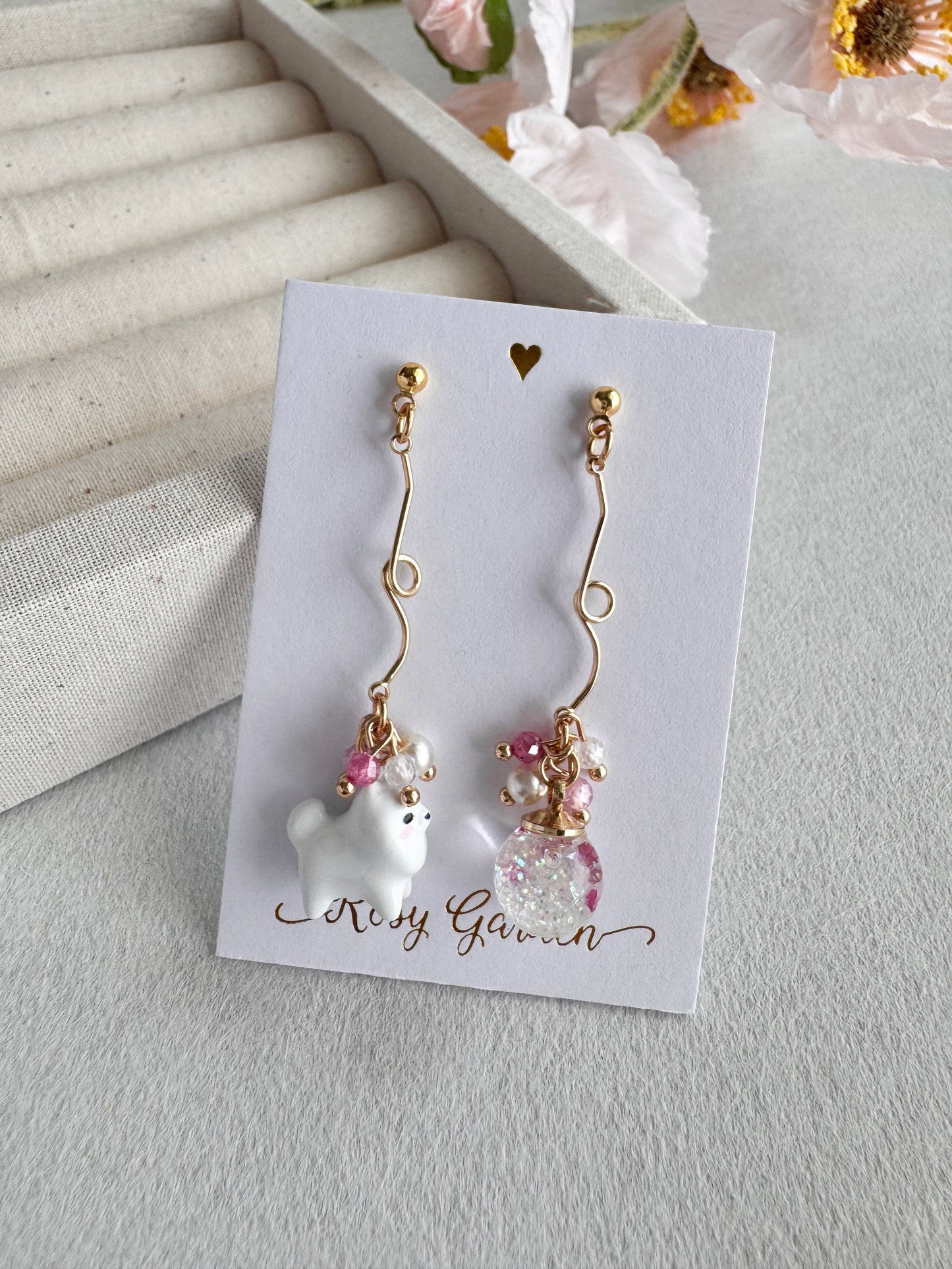 Rabbit Cherry Blossom Crystal Orb Earrings (Clip-ons Available) | Handcrafted in Hong Kong