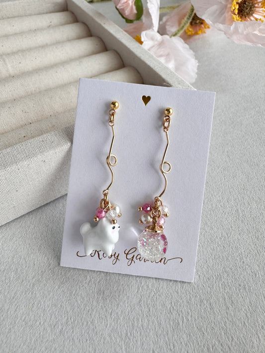 Rabbit Cherry Blossom Crystal Orb Earrings (Clip-ons Available) | Handcrafted in Hong Kong