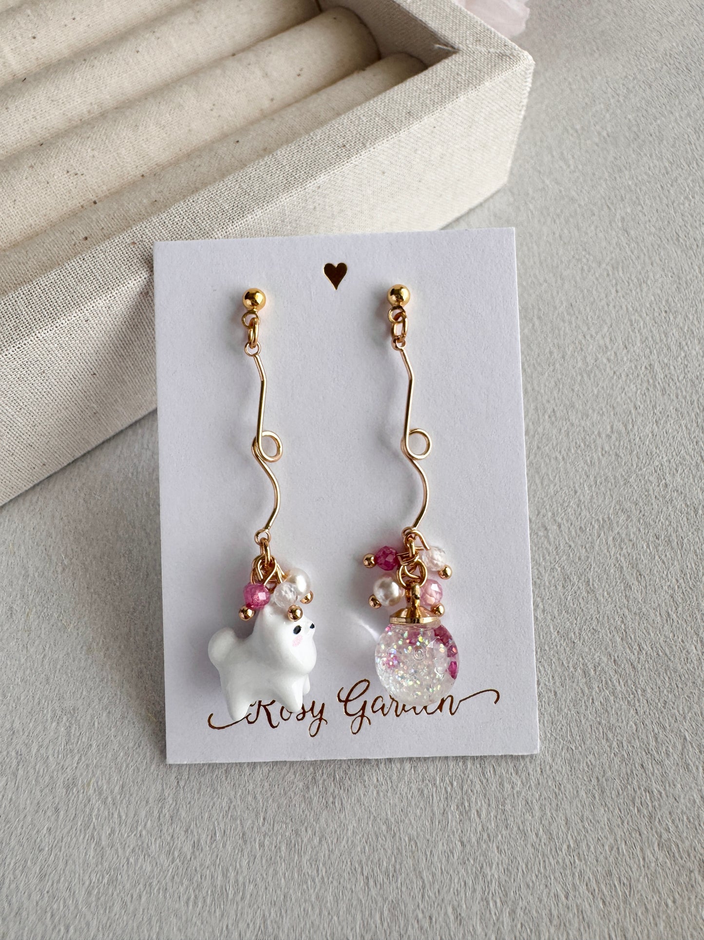 Rabbit Cherry Blossom Crystal Orb Earrings (Clip-ons Available) | Handcrafted in Hong Kong