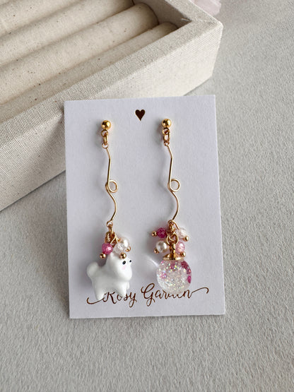 Rabbit Cherry Blossom Crystal Orb Earrings (Clip-ons Available) | Handcrafted in Hong Kong