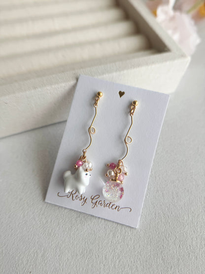 Rabbit Cherry Blossom Crystal Orb Earrings (Clip-ons Available) | Handcrafted in Hong Kong
