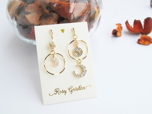 太陽月亮流沙水晶球耳環 可換耳夾