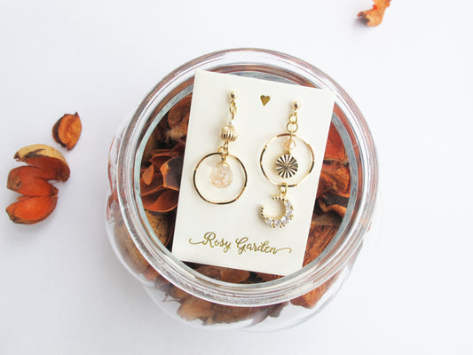 太陽月亮流沙水晶球耳環 可換耳夾