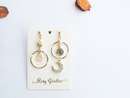 太陽月亮流沙水晶球耳環 可換耳夾