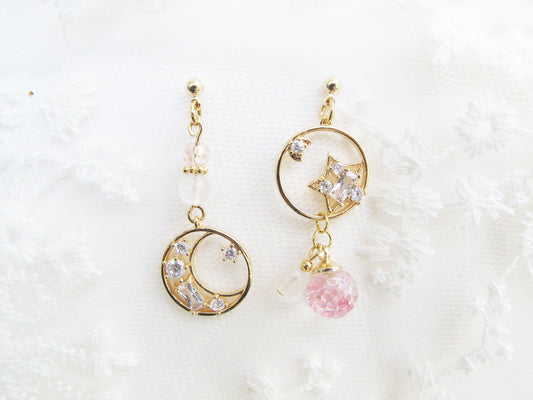 月亮女神流沙水晶球耳環 可換耳夾