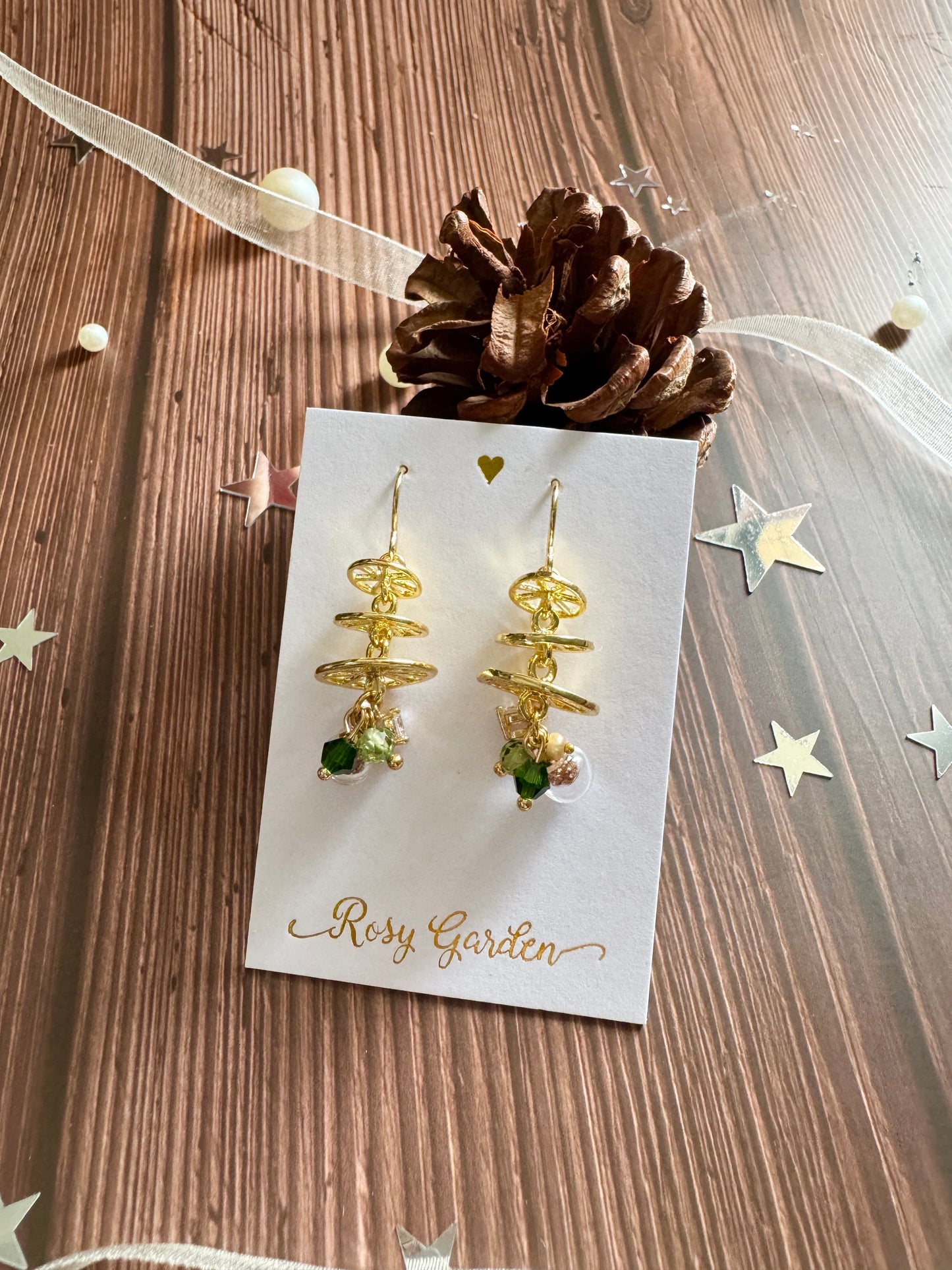 荷葉聖誕樹水晶球耳環 可換耳夾