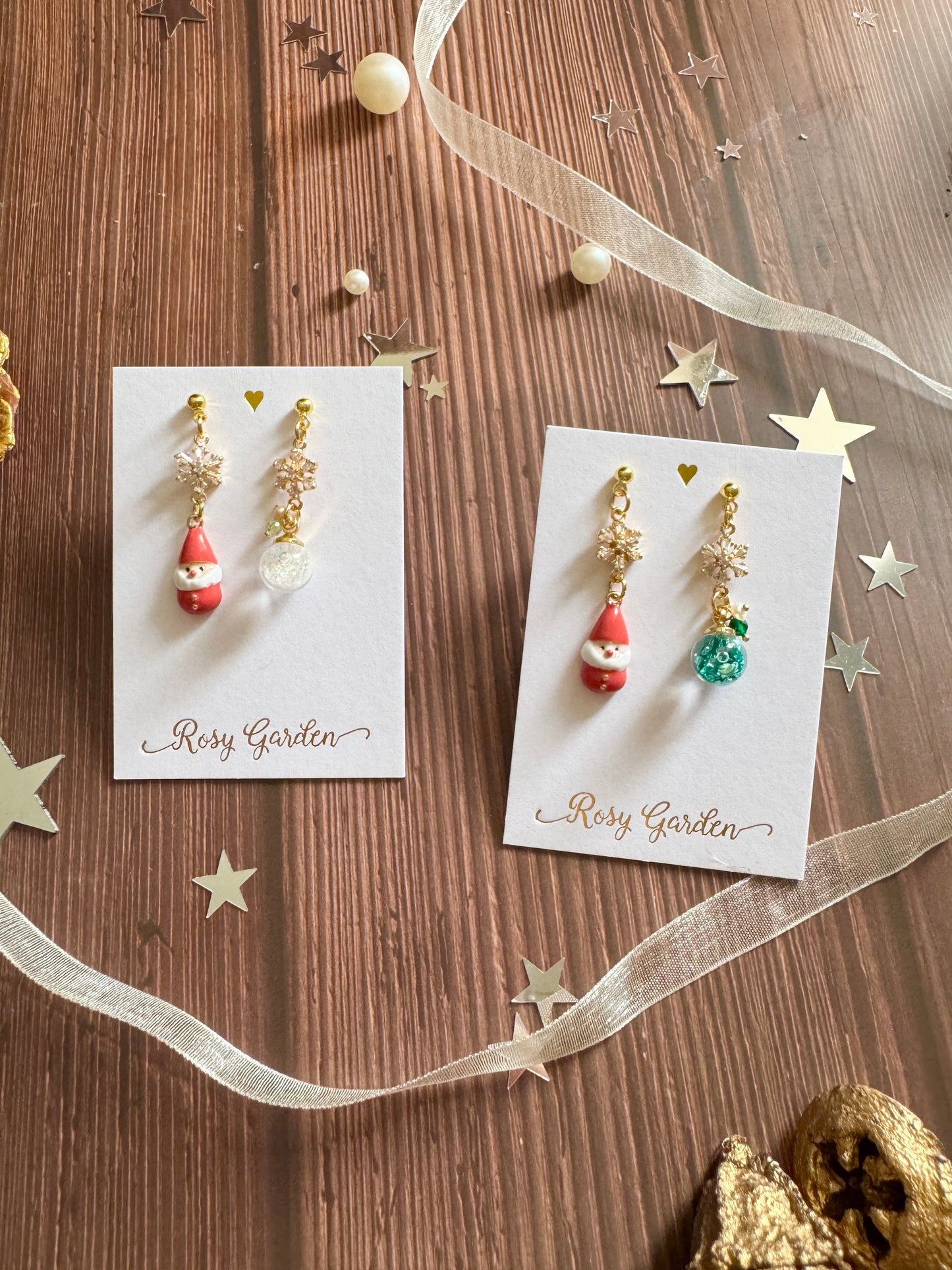 小小聖誕老人水晶球耳環 可換耳夾