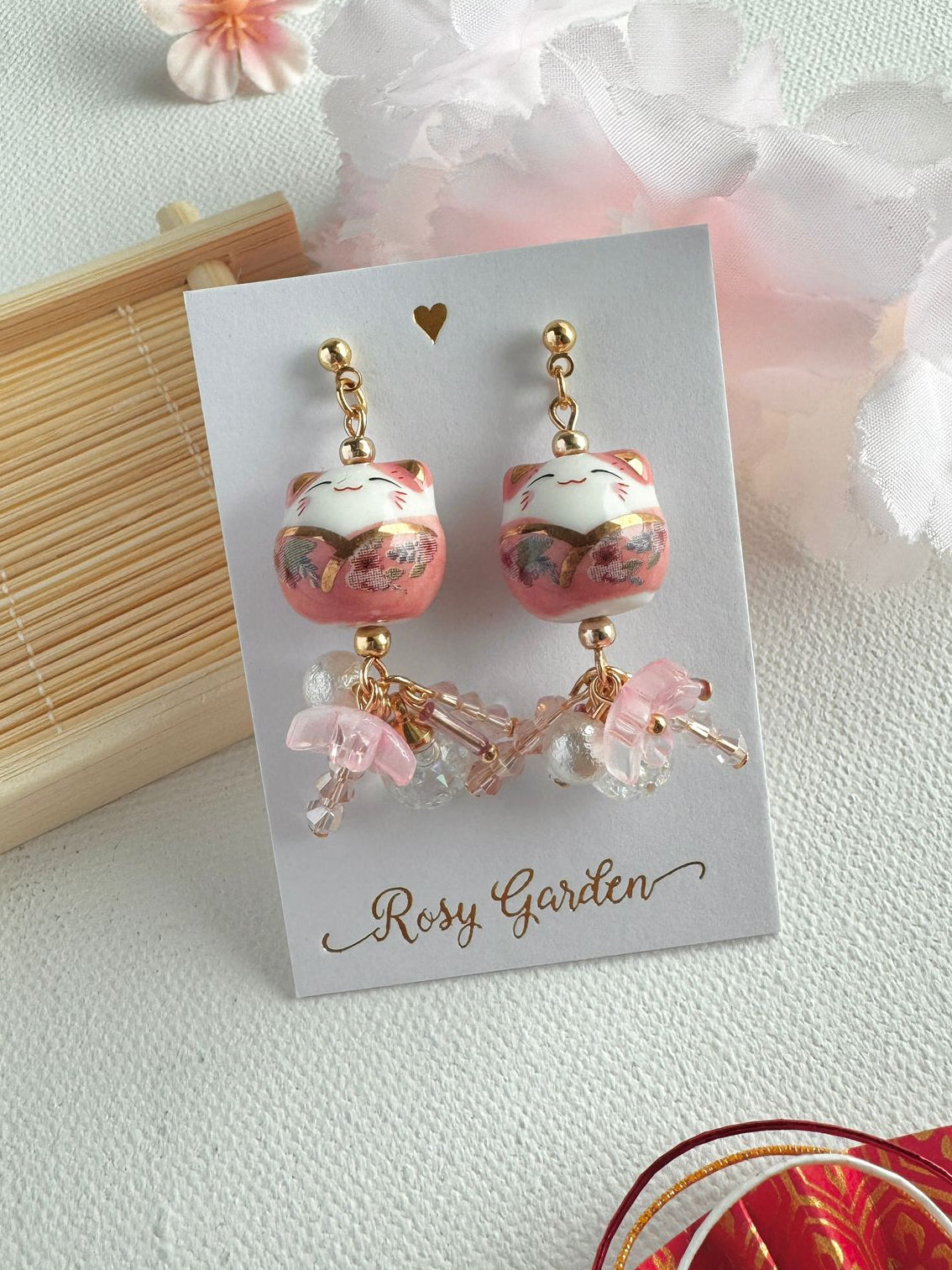 招財貓櫻花水晶球耳環