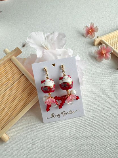 紅色招財貓櫻花水晶球耳環