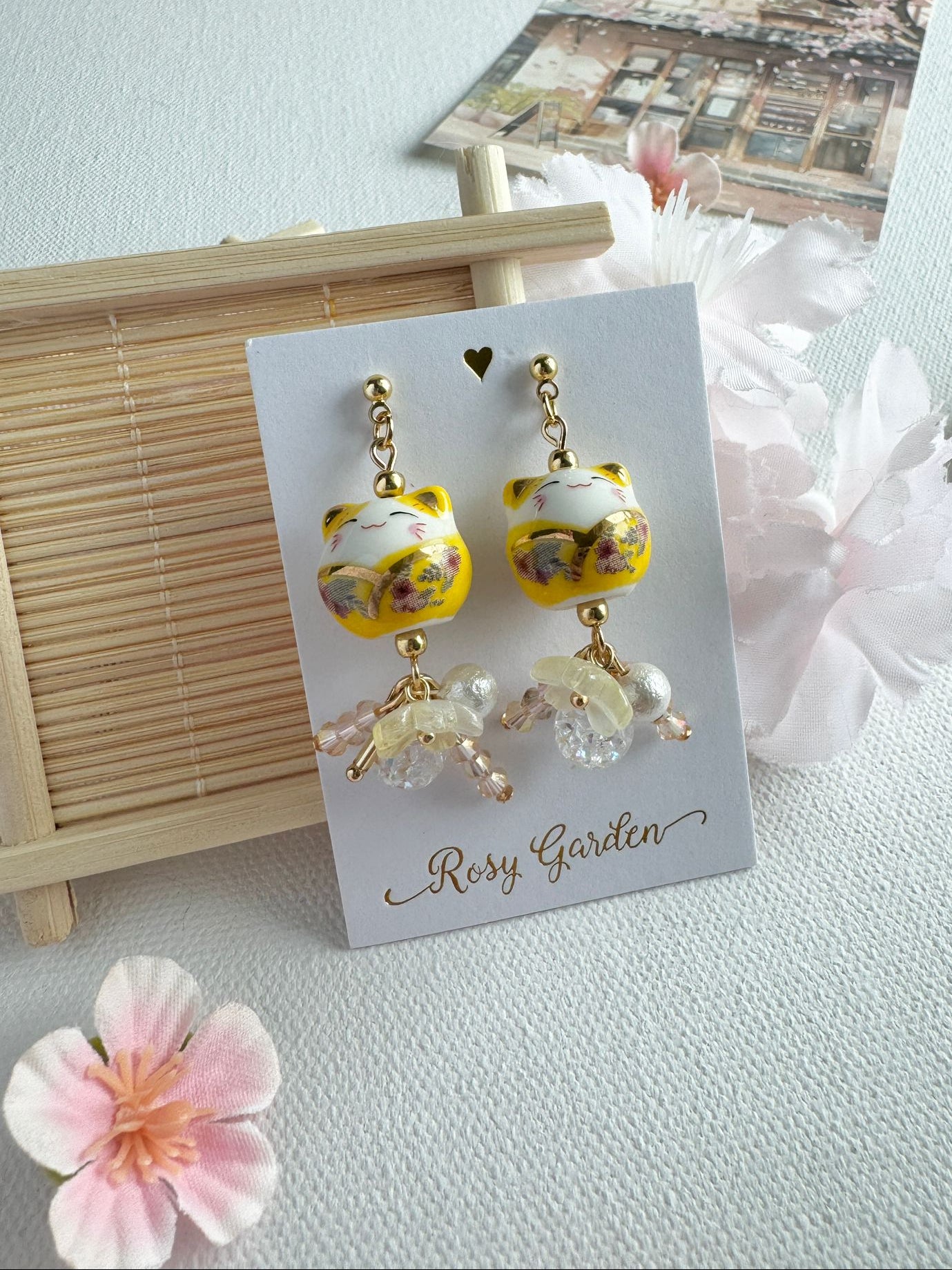黃色招財貓櫻花水晶球耳環