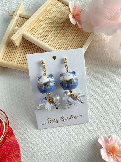 開運招財貓櫻花水晶球耳環