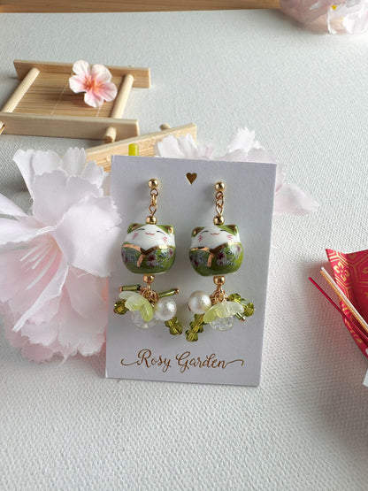 招財貓櫻花水晶球耳環 可換耳夾