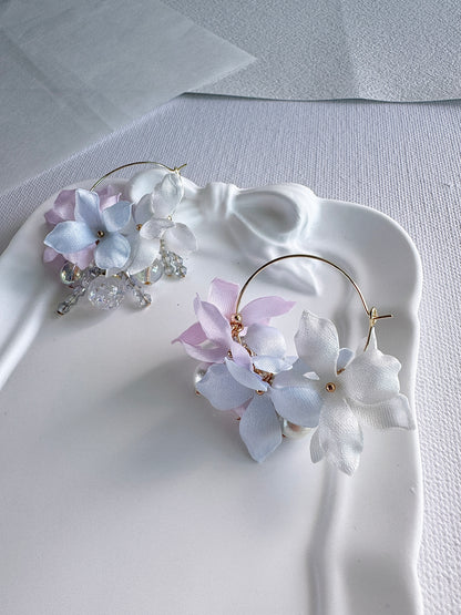 香港手作耳環 - 緞面繡球花水晶球花環耳環 夢幻色 (Handmade Earrings)