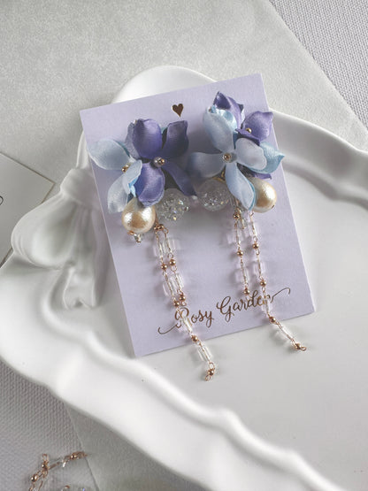 香港手作耳環 - 緞面繡球花晶串水晶球耳環 彩藍色 (Handmade Earrings)