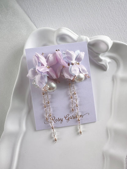 香港手作耳環 - 緞面繡球花晶串水晶球耳環 幻彩色 (Handmade Earrings)
