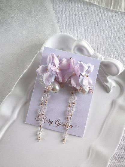香港手作耳環 - 緞面繡球花晶串水晶球耳環 幻彩色 (Handmade Earrings hk)