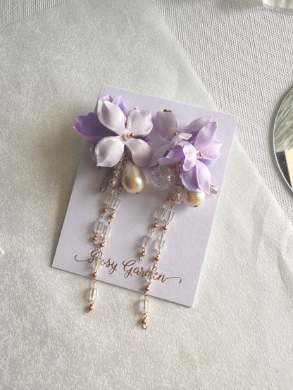 香港手作耳環 - 緞面繡球花晶串水晶球耳環 紫色 (Handmade Earrings hk)