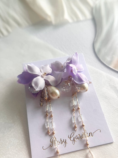 香港手作耳環 - 緞面繡球花晶串水晶球耳環 紫色 細節 (Handmade Earrings hk)