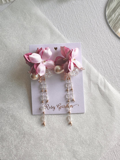 香港手作耳環 - 緞面繡球花晶串水晶球耳環 夏日粉紅色 (Handmade Earrings hk)