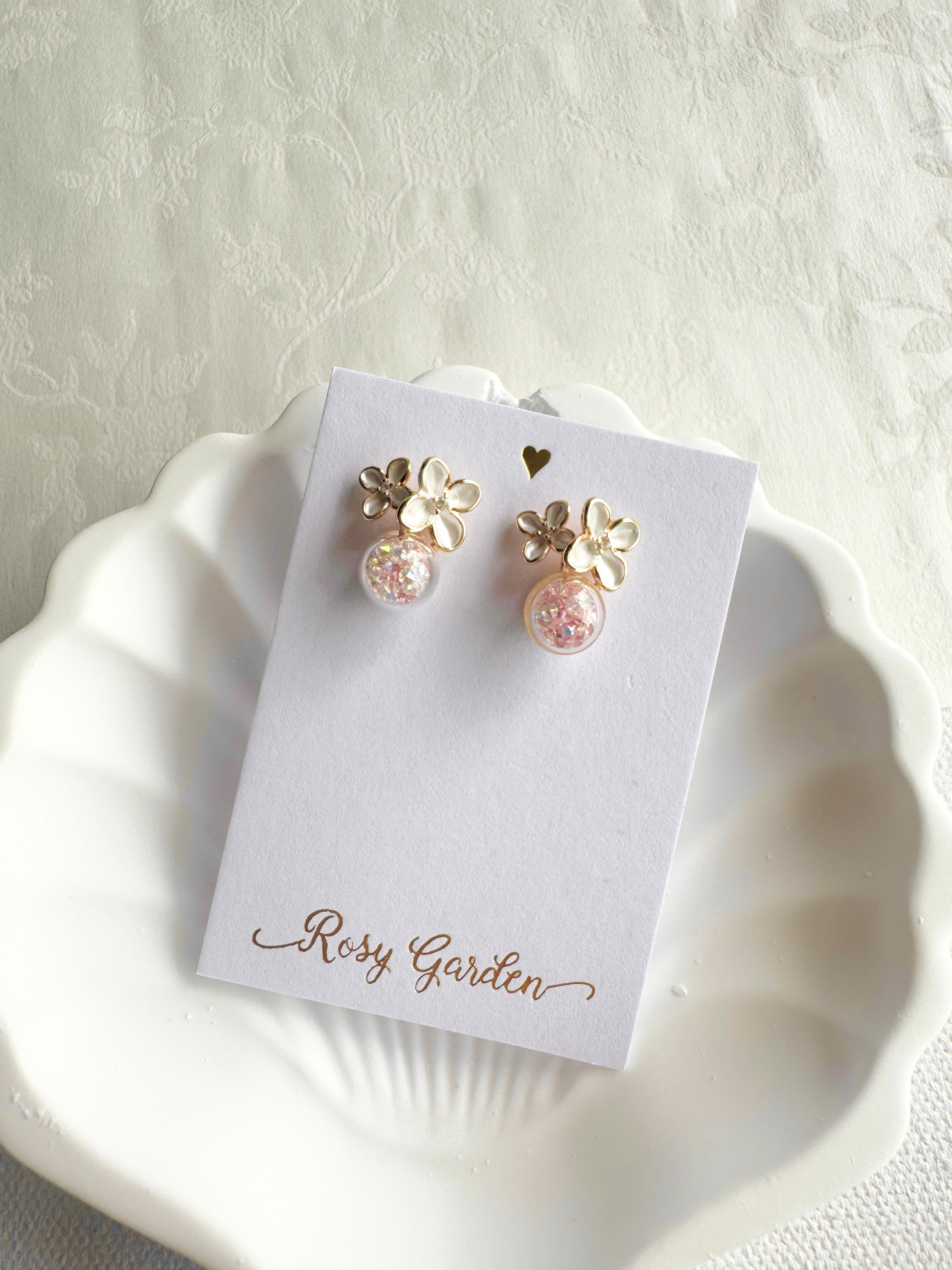 香港手作耳環 - 小繡球花耳環水晶球耳環 粉紅色 (Handmade Earrings)