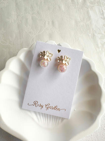 香港手作耳環 - 小繡球花耳環水晶球耳環 粉紅色 (Handmade Earrings)
