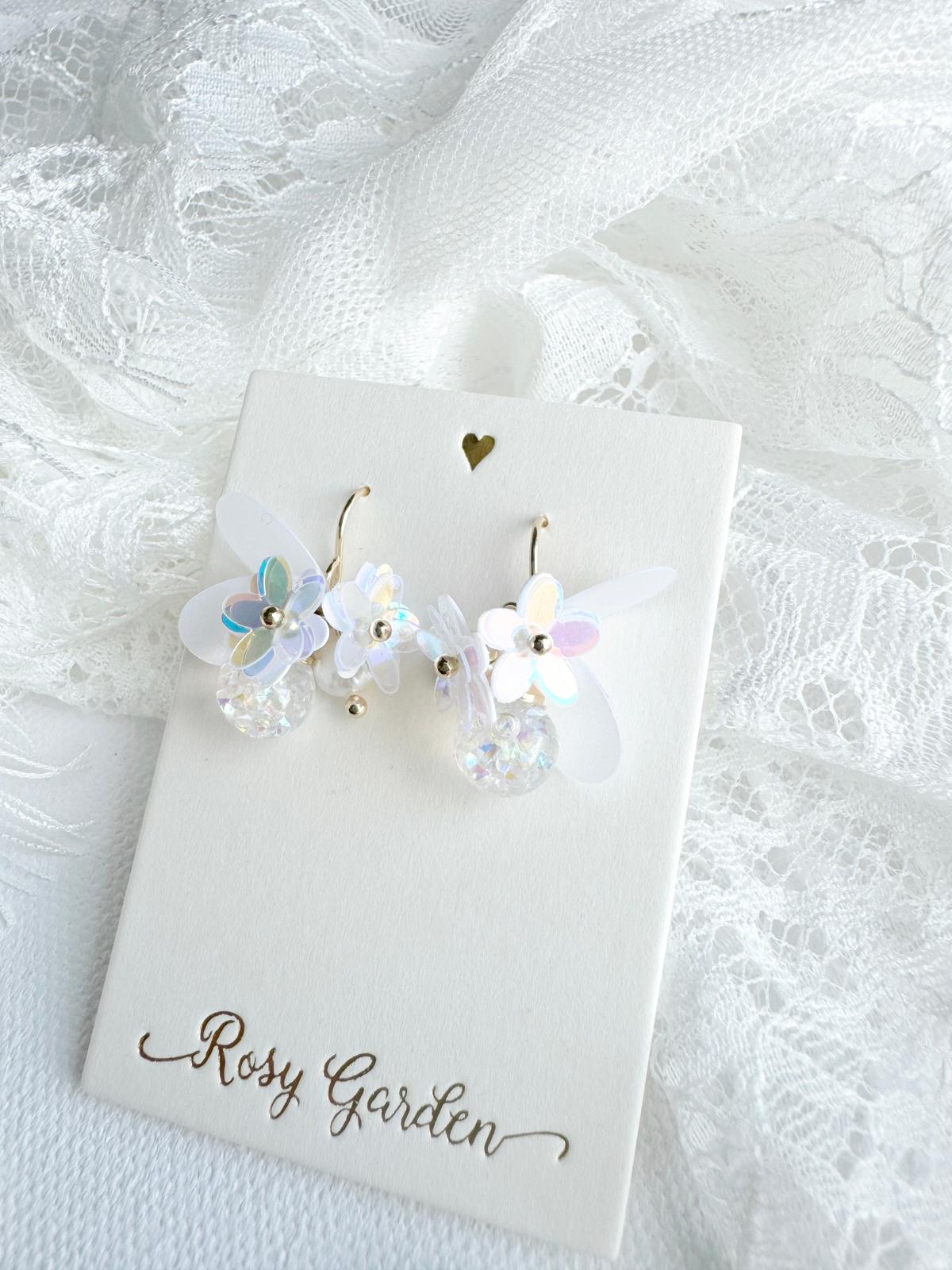瑩蝶花綺 蝶翼幻彩白色水晶球耳環 可換耳夾