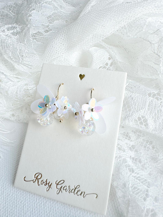 瑩蝶花綺 蝶翼幻彩白色水晶球耳環 可換耳夾