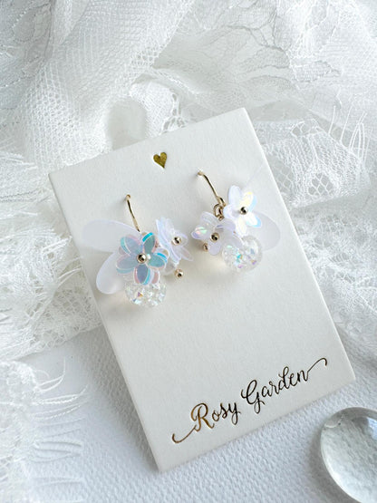 瑩蝶花綺 蝶翼幻彩白色水晶球耳環 可換耳夾