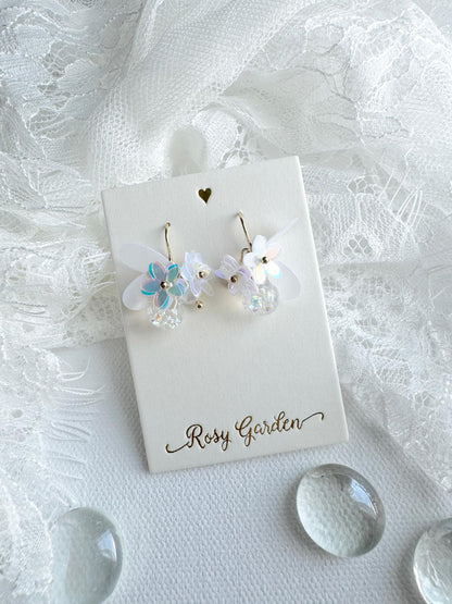 瑩蝶花綺 蝶翼幻彩白色水晶球耳環 可換耳夾