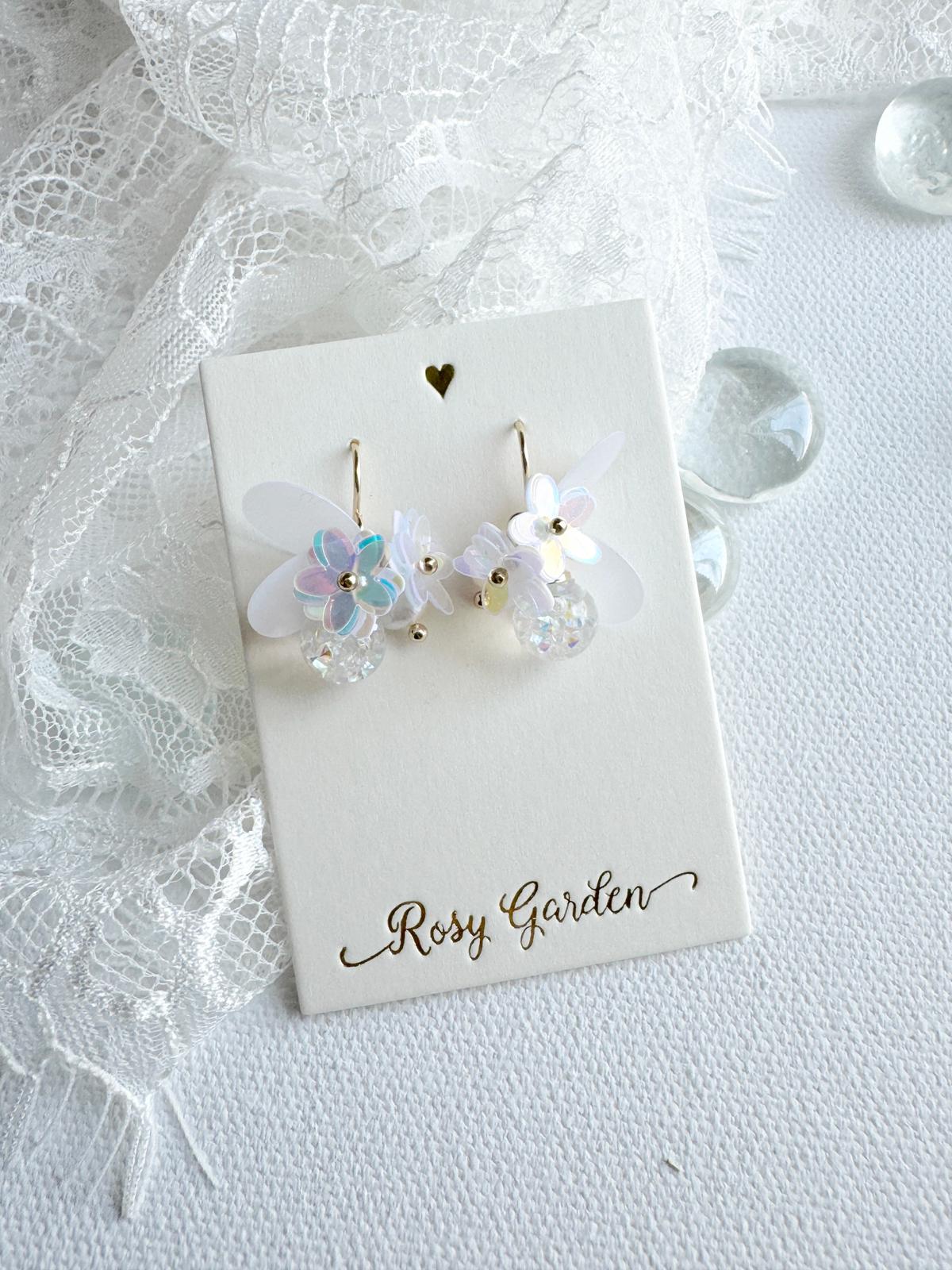 瑩蝶花綺 蝶翼幻彩白色水晶球耳環 可換耳夾