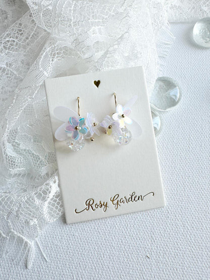 瑩蝶花綺 蝶翼幻彩白色水晶球耳環 可換耳夾