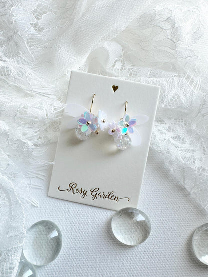 瑩蝶花綺 蝶翼幻彩白色水晶球耳環 可換耳夾