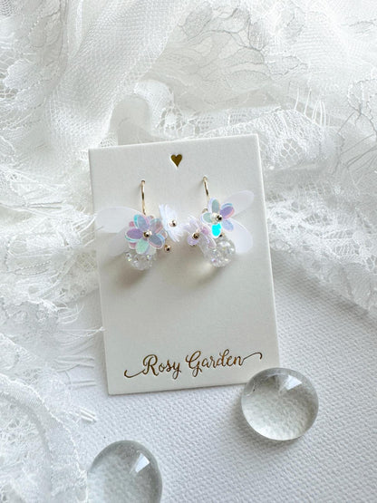 瑩蝶花綺 蝶翼幻彩白色水晶球耳環 可換耳夾