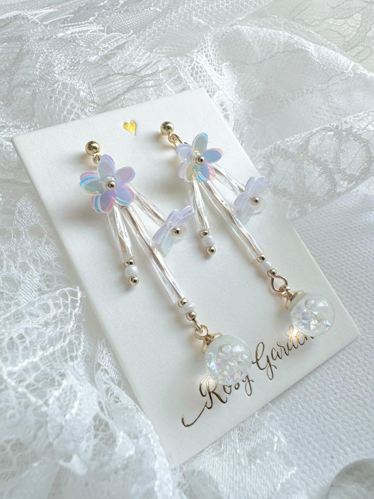 流光花綺 扭紋珠子幻彩白色水晶球耳環 可換耳夾