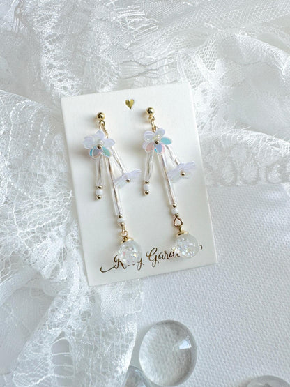 流光花綺 扭紋珠子幻彩白色水晶球耳環 可換耳夾