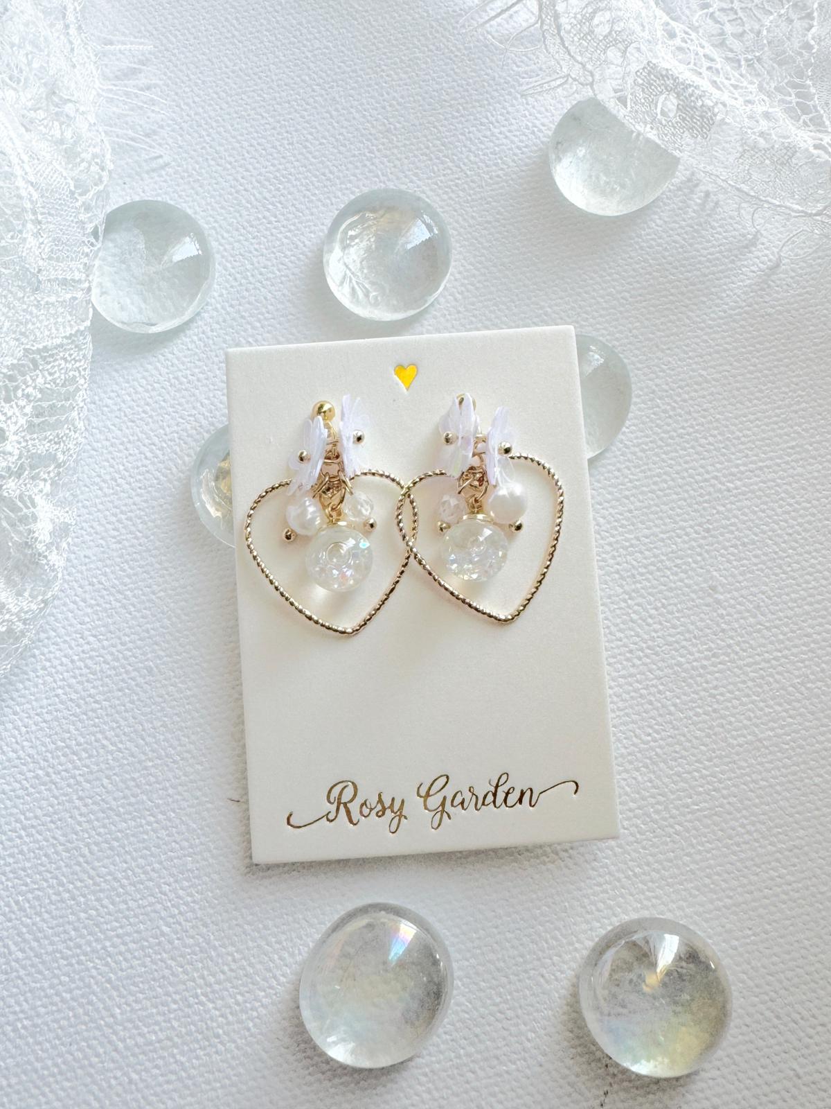 幻白花綺 心心幻彩白色水晶球耳環 可換耳夾