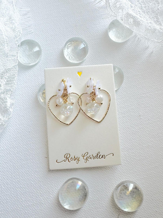 幻白花綺 心心幻彩白色水晶球耳環 可換耳夾
