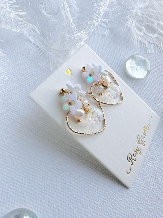 幻白花綺 心心幻彩白色水晶球耳環 可換耳夾