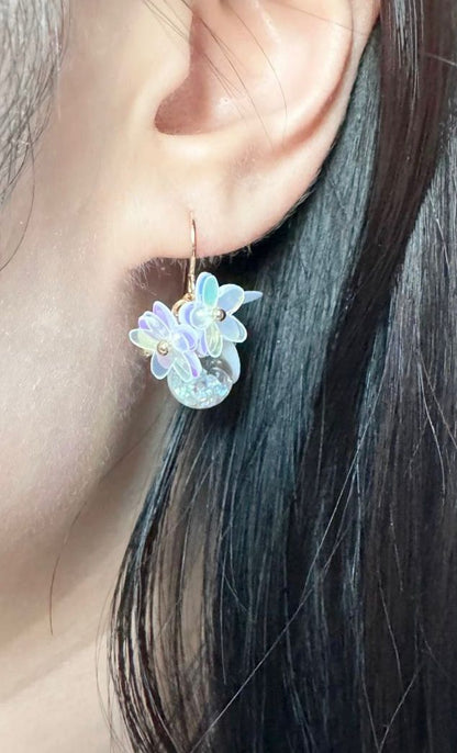 瑩蝶花綺 蝶翼幻彩白色水晶球耳環 可換耳夾