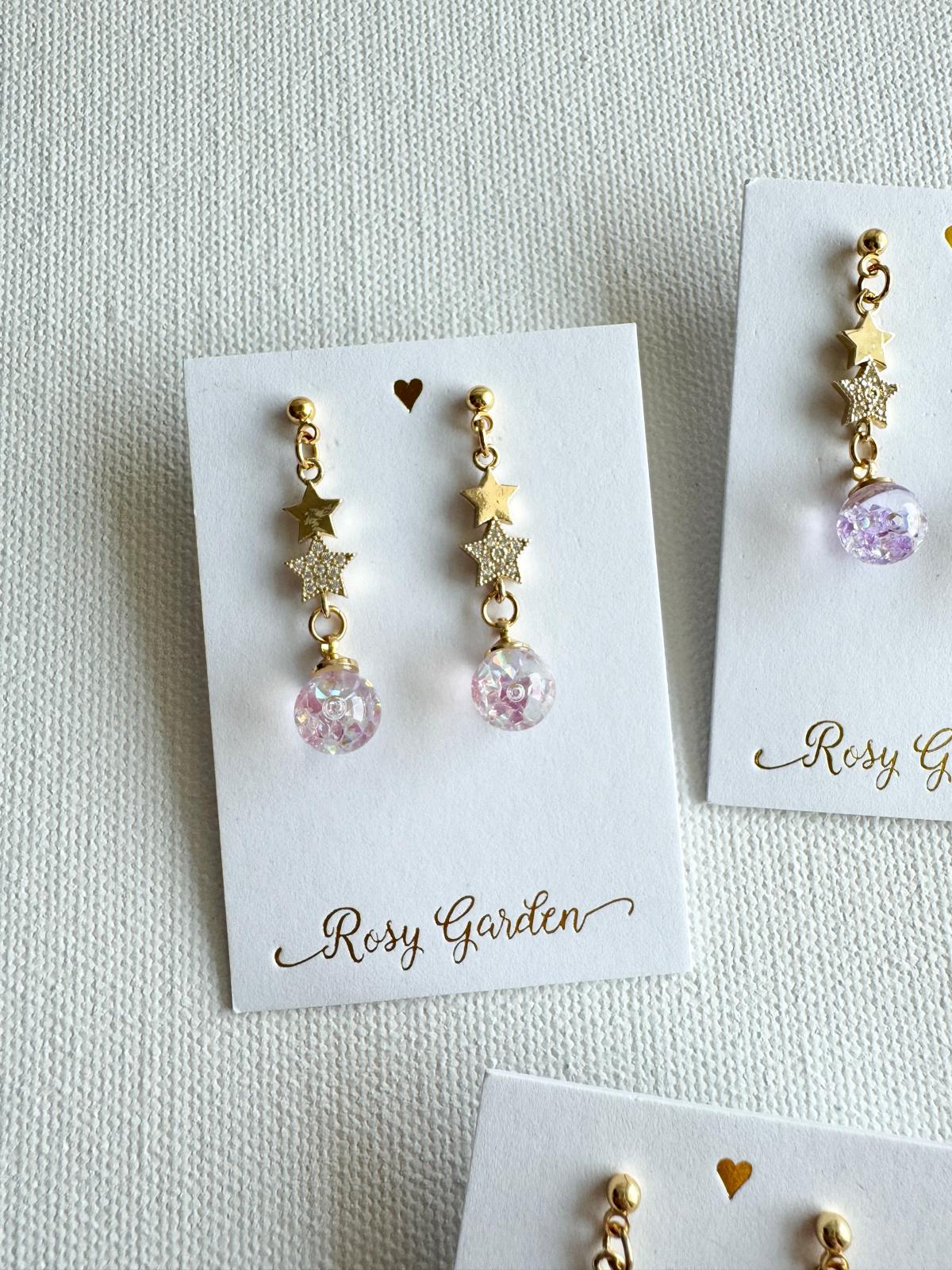 雙連星星流沙水晶球耳環 可換耳夾