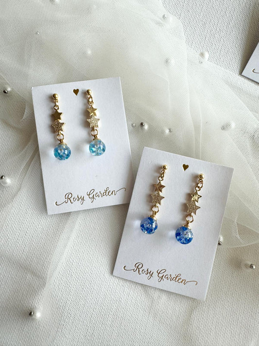 雙連星星流沙水晶球耳環 可換耳夾