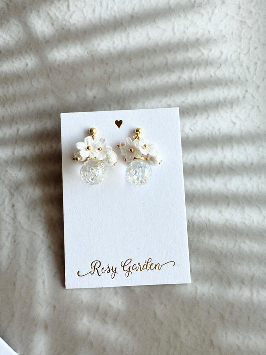 絹布花花流沙水晶球耳環 可換耳夾