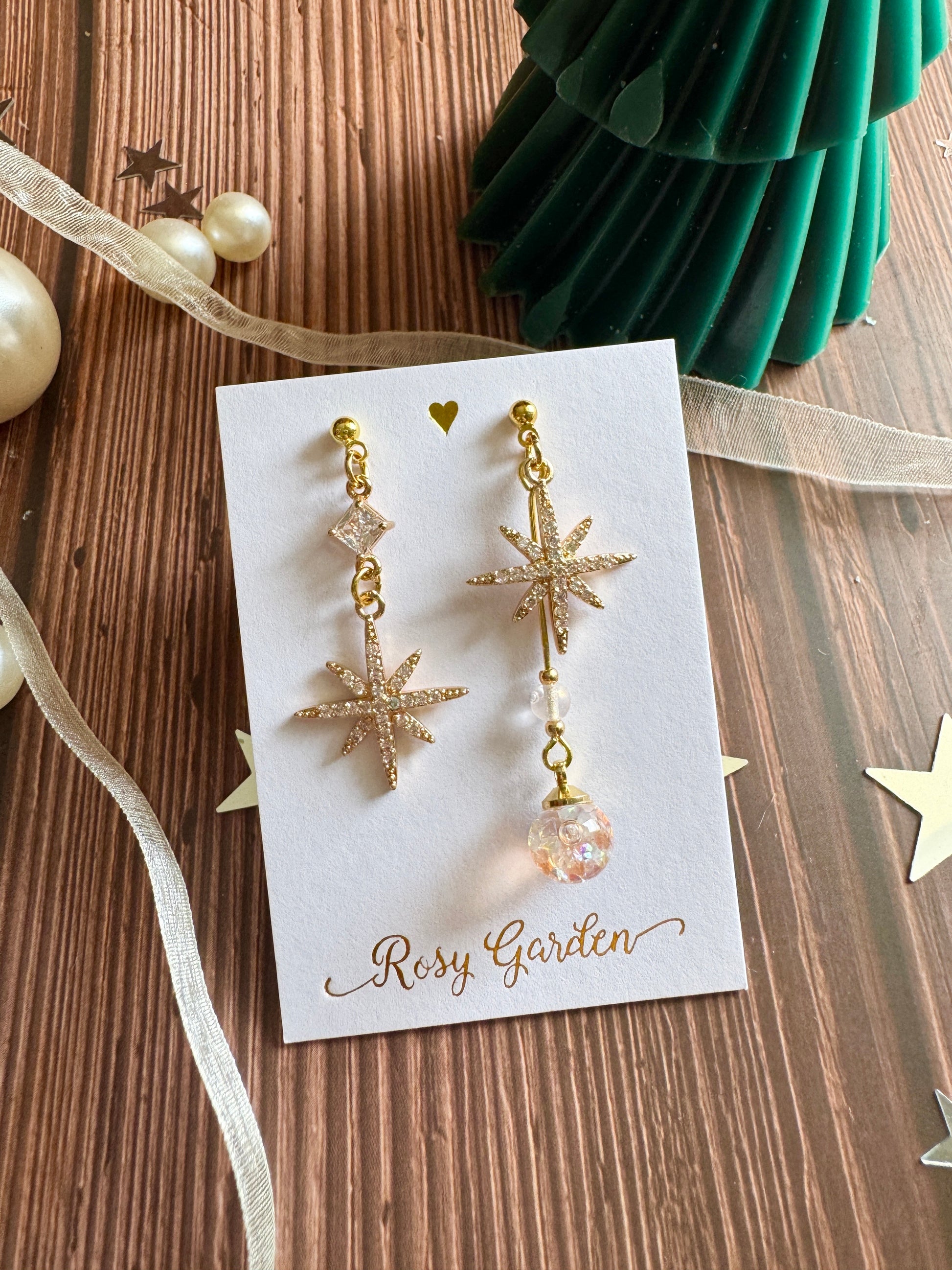 節日水晶球耳環 八芒星款 可換耳夾