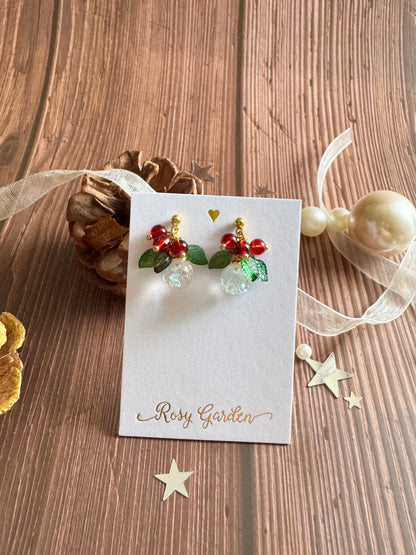 聖誕冬青流沙水晶球耳環