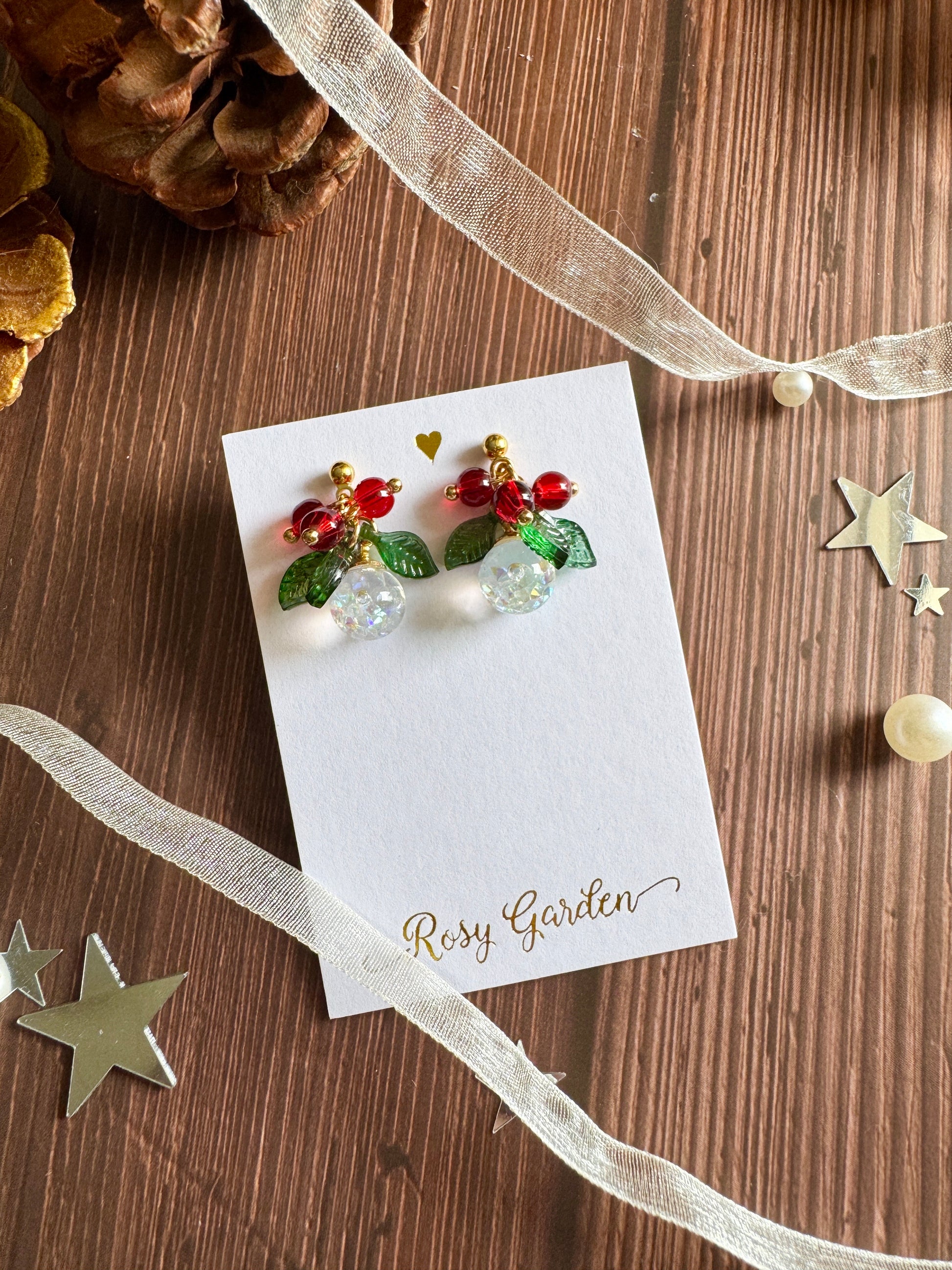 冬青流沙水晶球耳環 可換耳夾