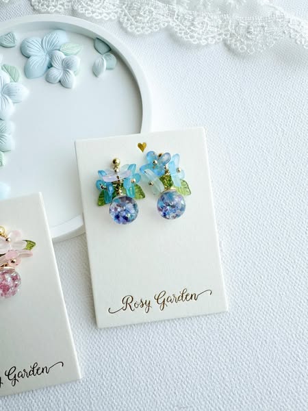 雨後粉紅繡球花水晶球耳環